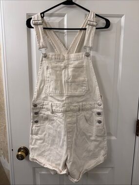 Quince Cream Short Denim Overalls